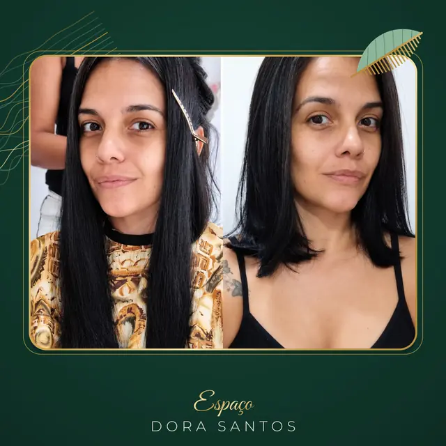 Duas fotos lado a lado da mesma cliente de frente: à esquerda com cabelo preto longo e liso, à direita com o cabelo preto liso na altura dos ombros